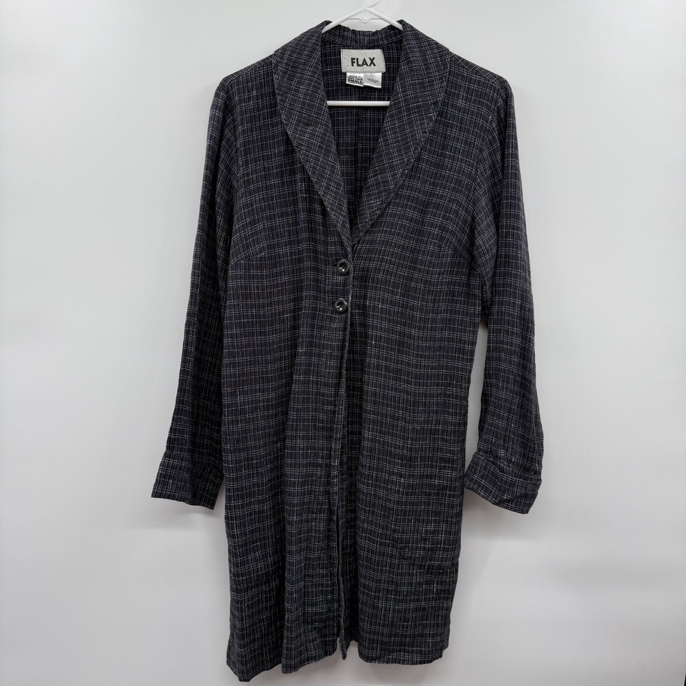 FLAX Small 100% Linen Duster Jacket Long Shawl Collar Plaid Windowpane